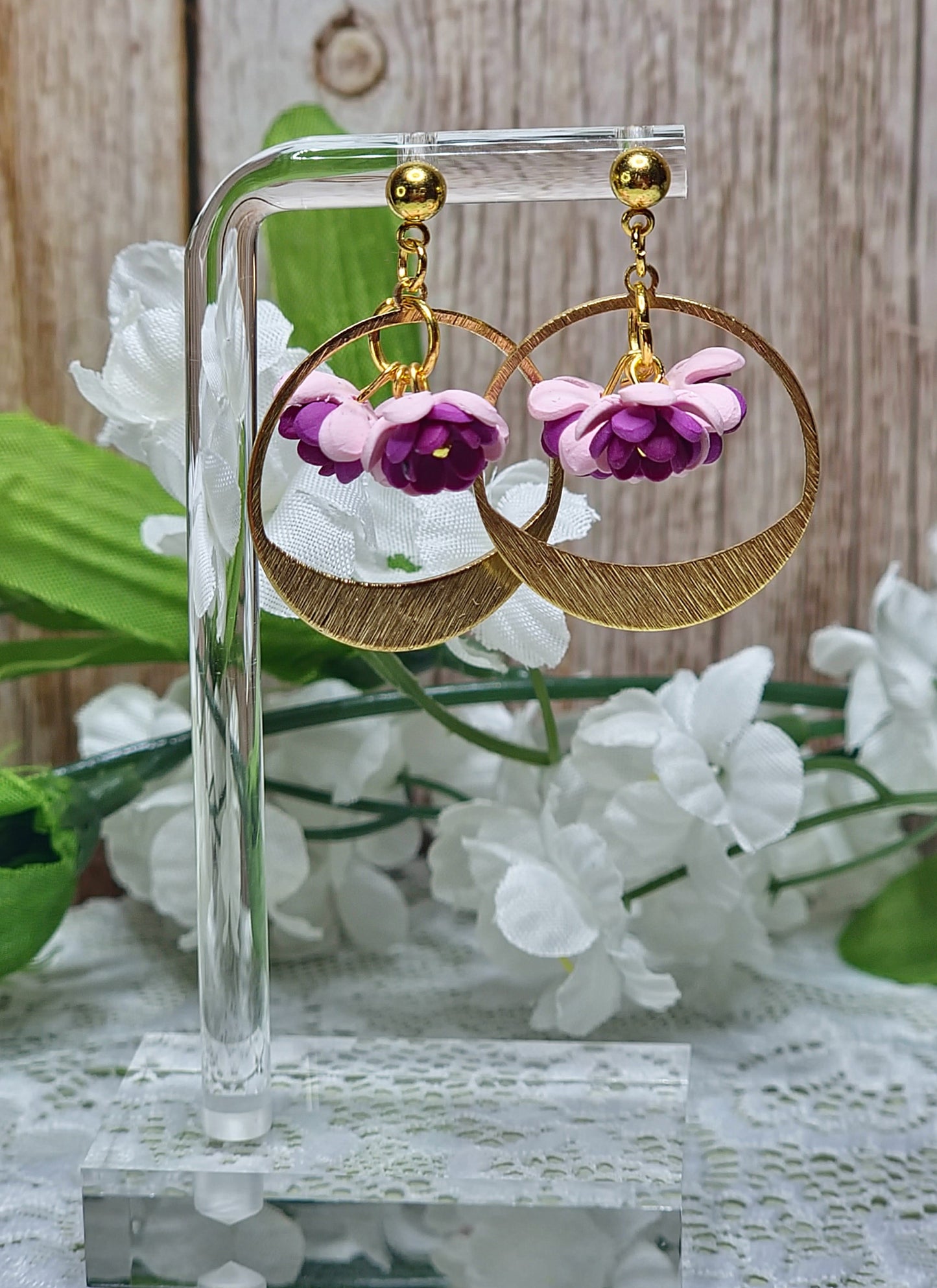 Gold | Pink Floral Dangle Earrings