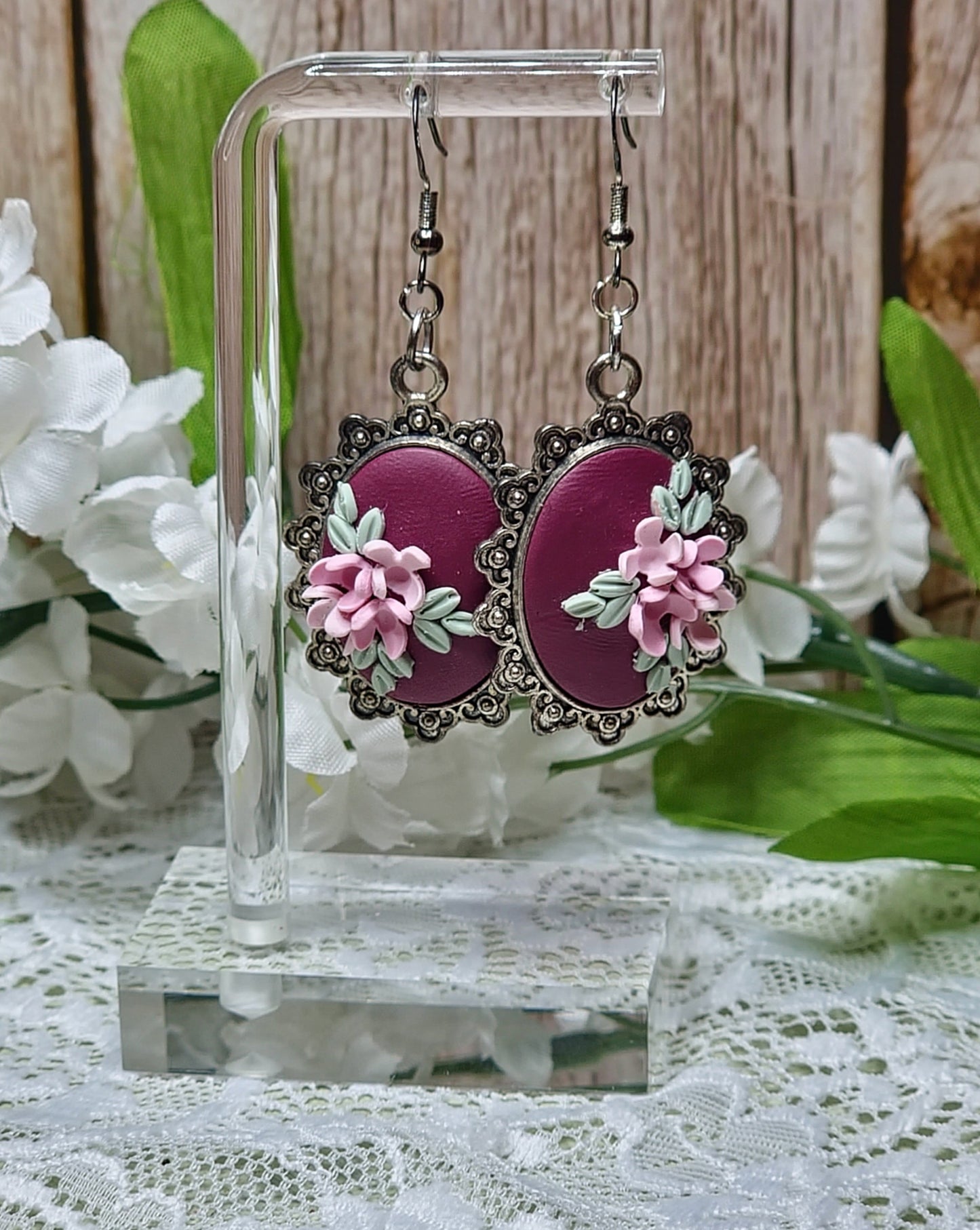 Faux Vintage Silver Burgandy Dangle Earrings