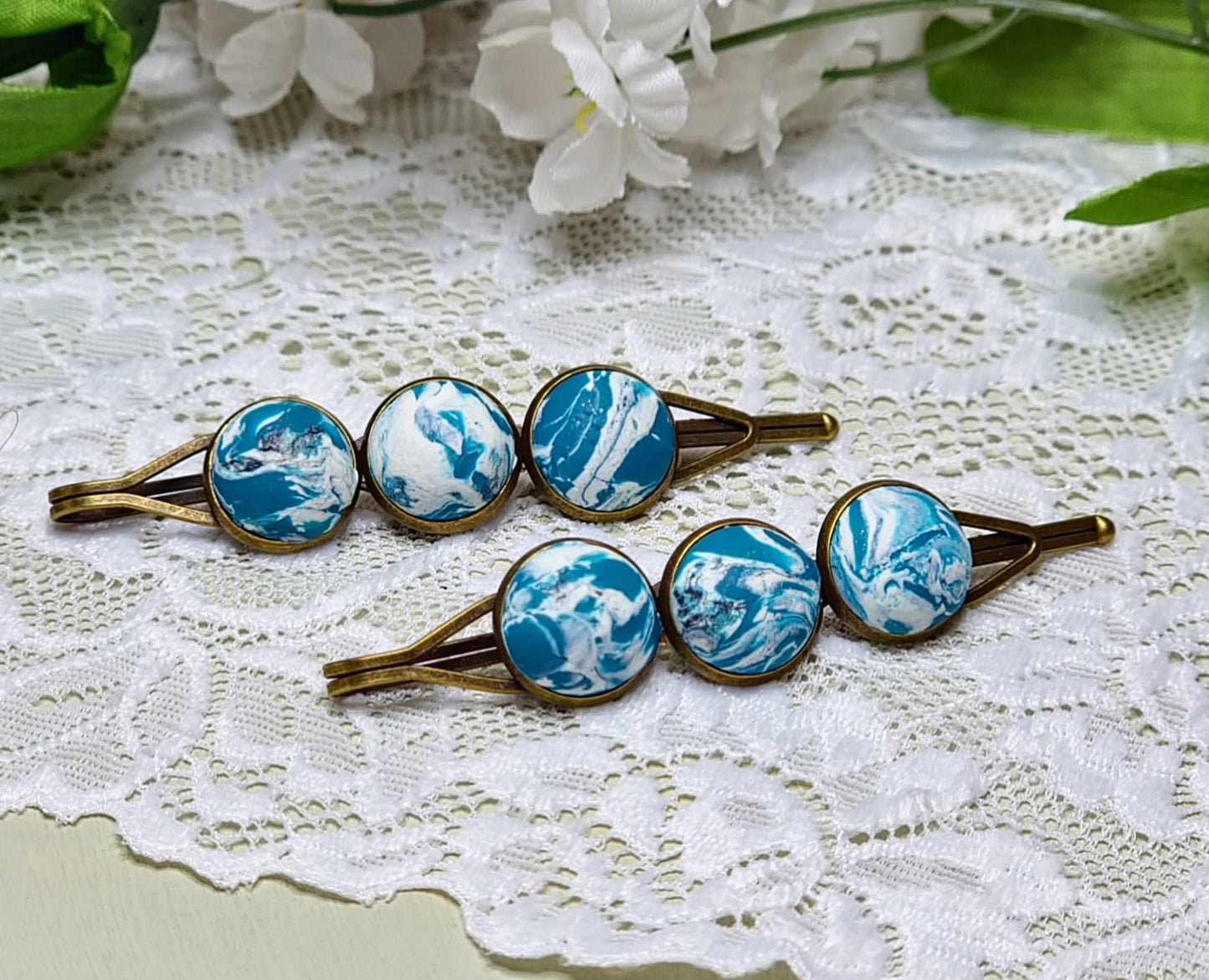 Teal Marble Bobby Pins