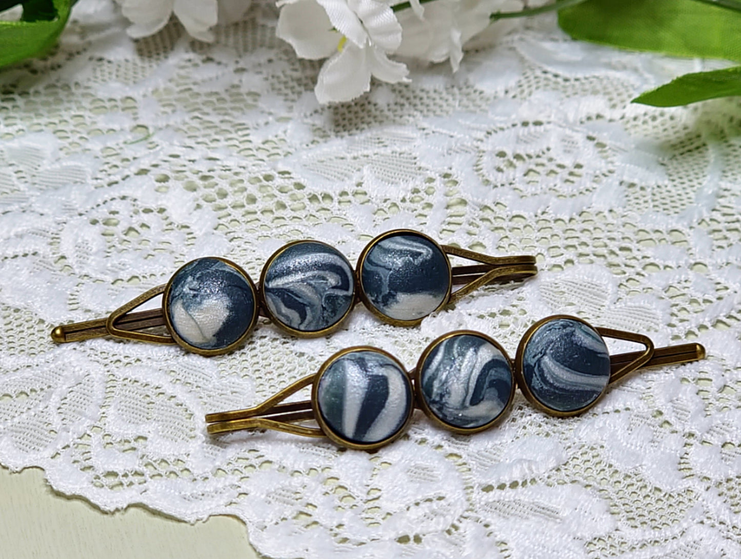 Gray Marble Bobby Pins