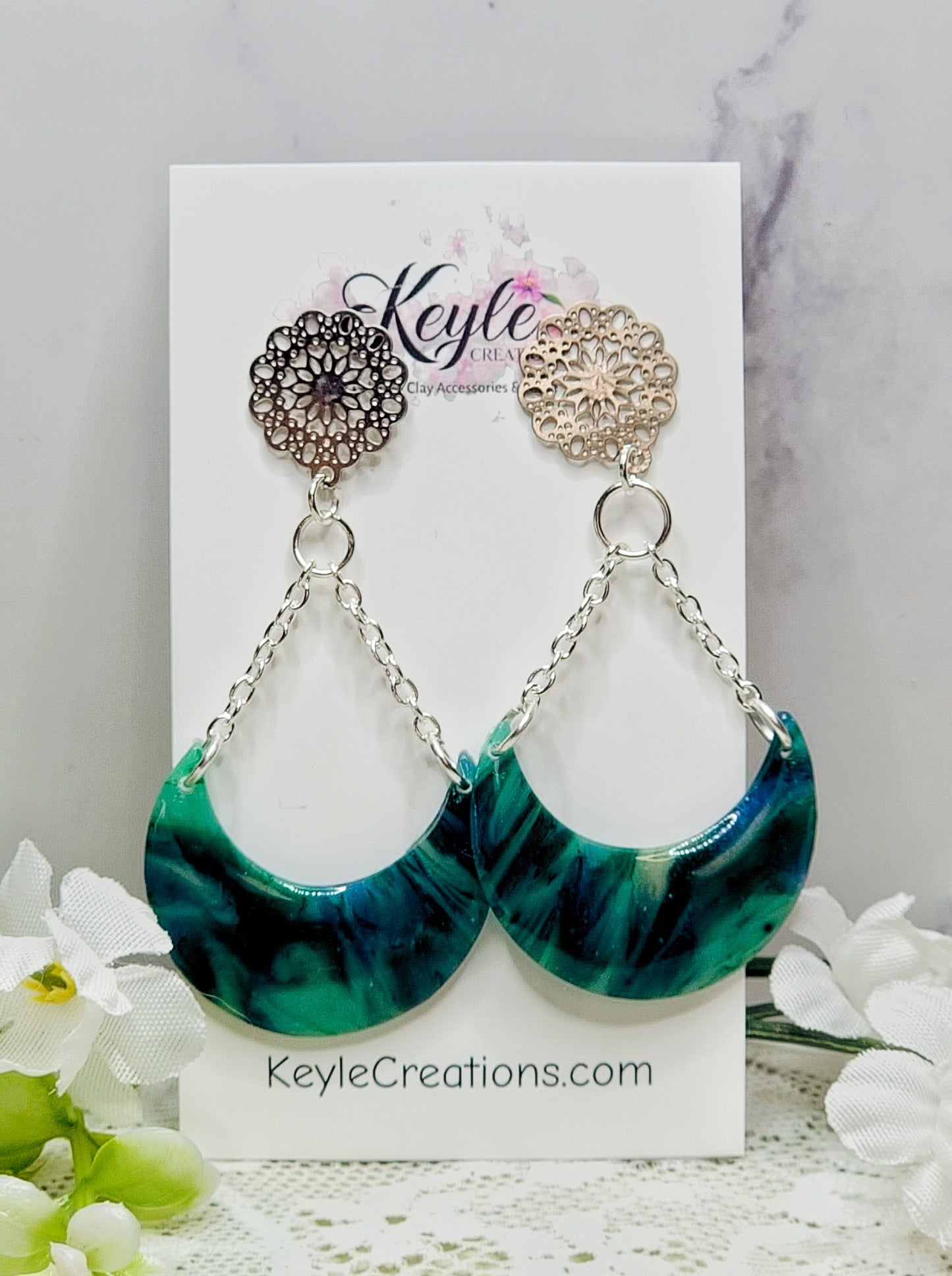 Blue Green Marbled Moon Dangle Earrings