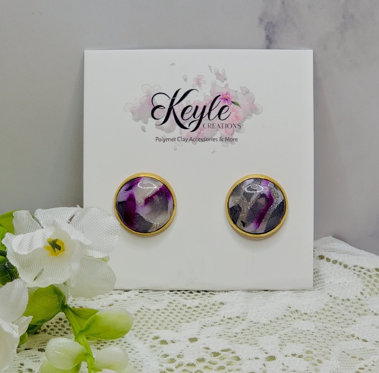 Purple Marble Stud Earrings-C