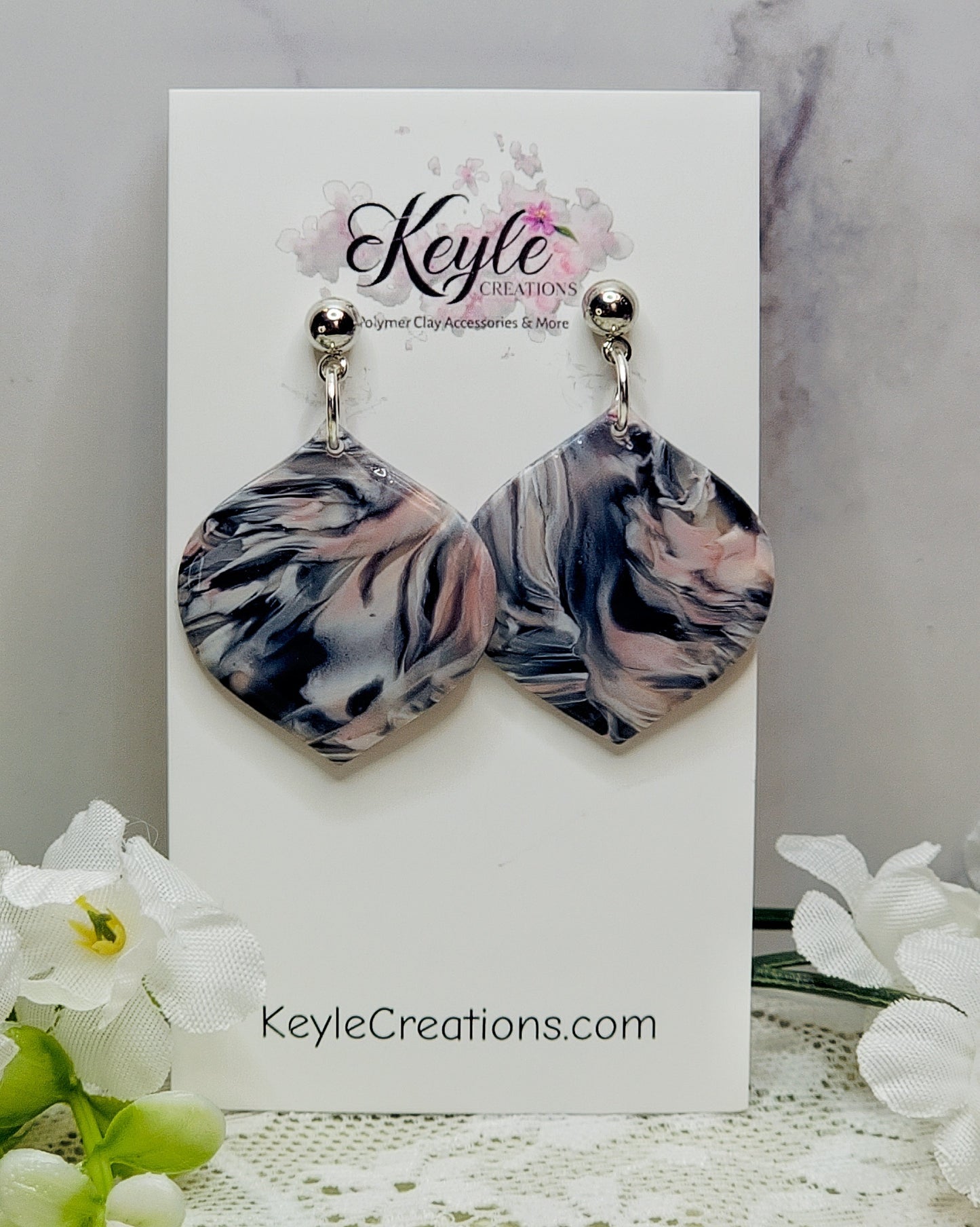 Navy Blue Pink Marbled Dangle Earrings-F