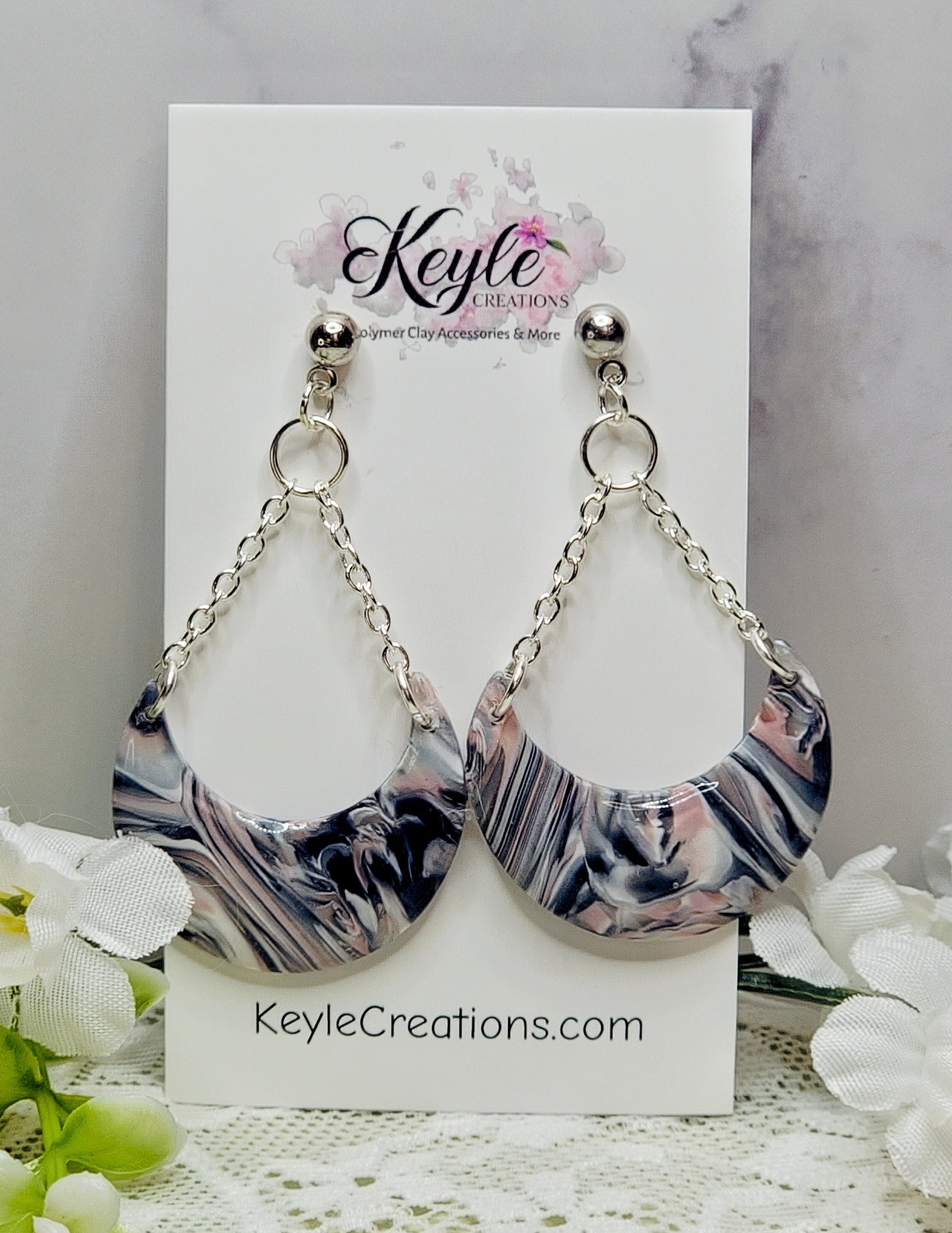 Navy Blue Pink Marbled Dangle Earrings-E