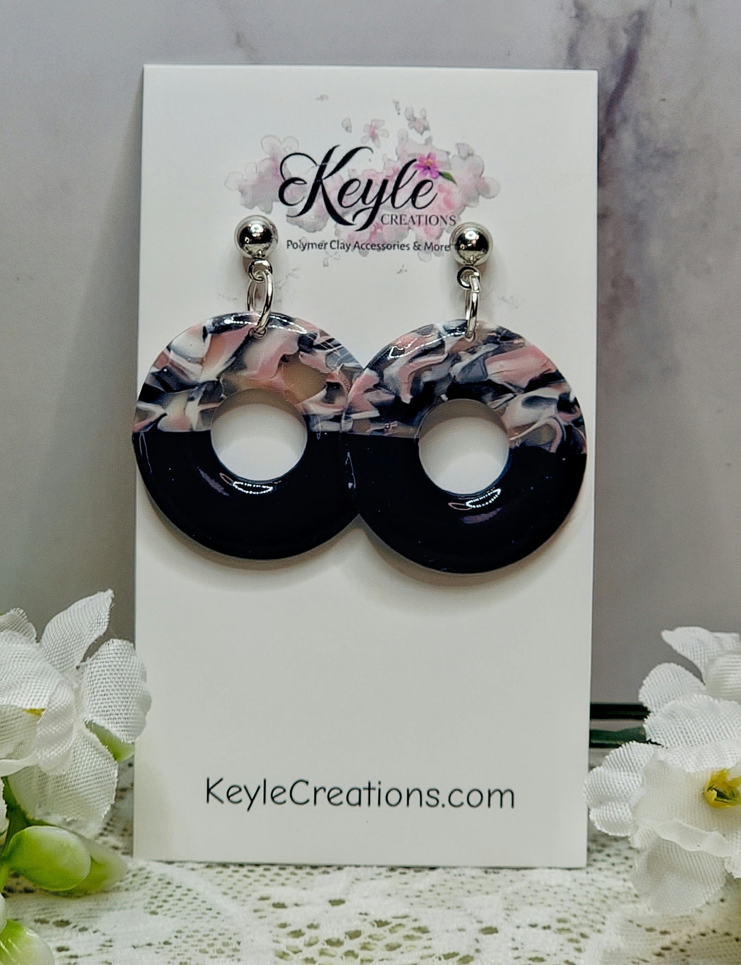 Navy Blue Pink Marbled Dangle Earrings-D