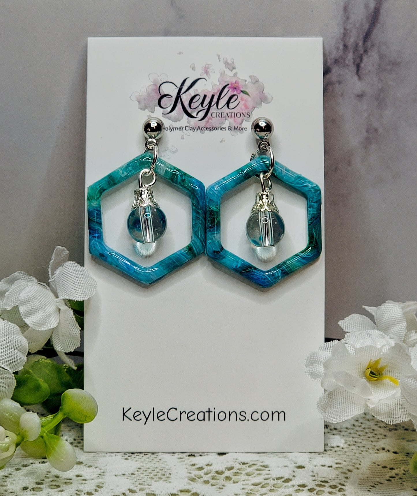 Blue Green Marbled Dangle Earrings-D