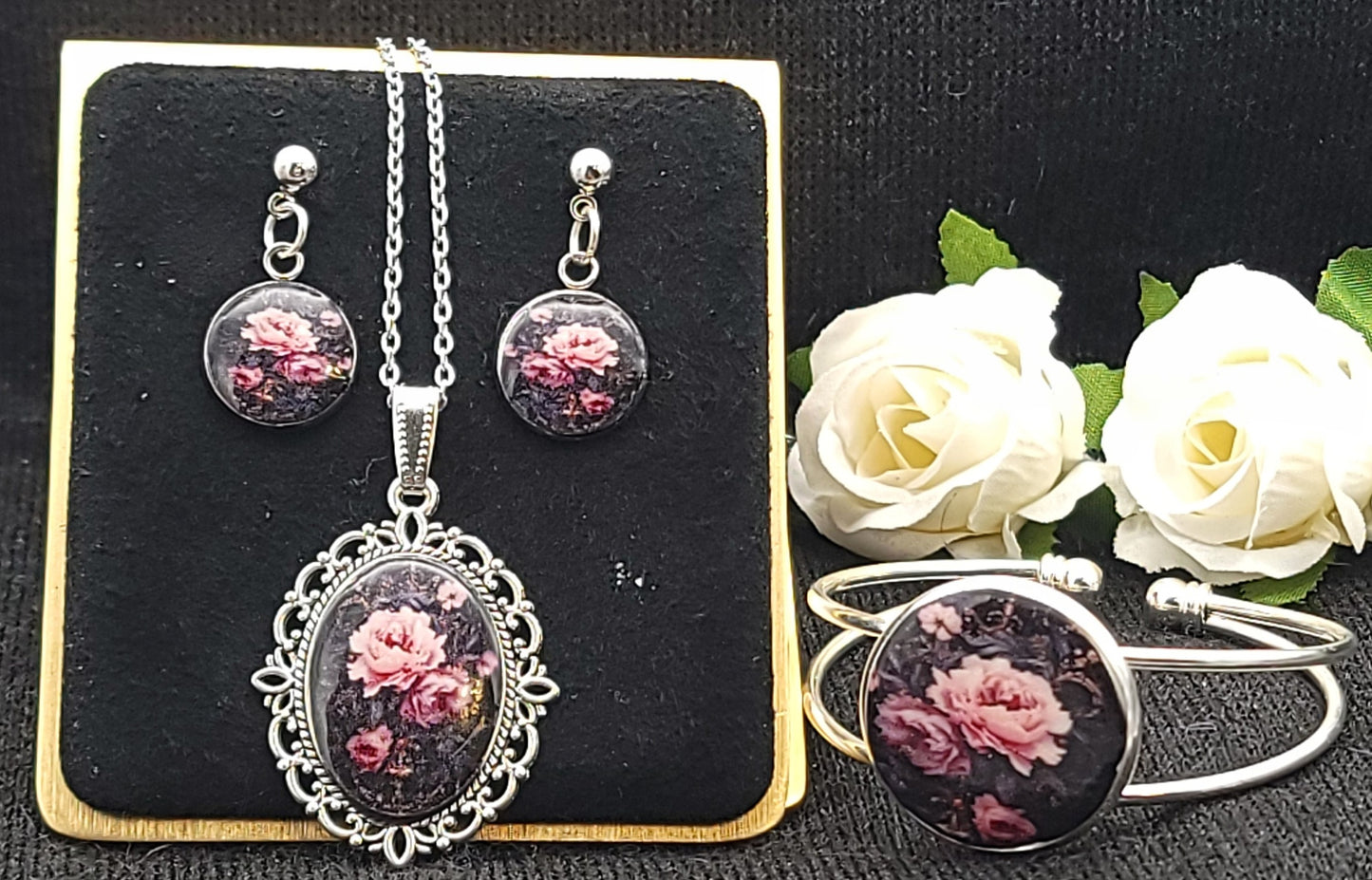 Pink Rose Jewelry Set-Silver