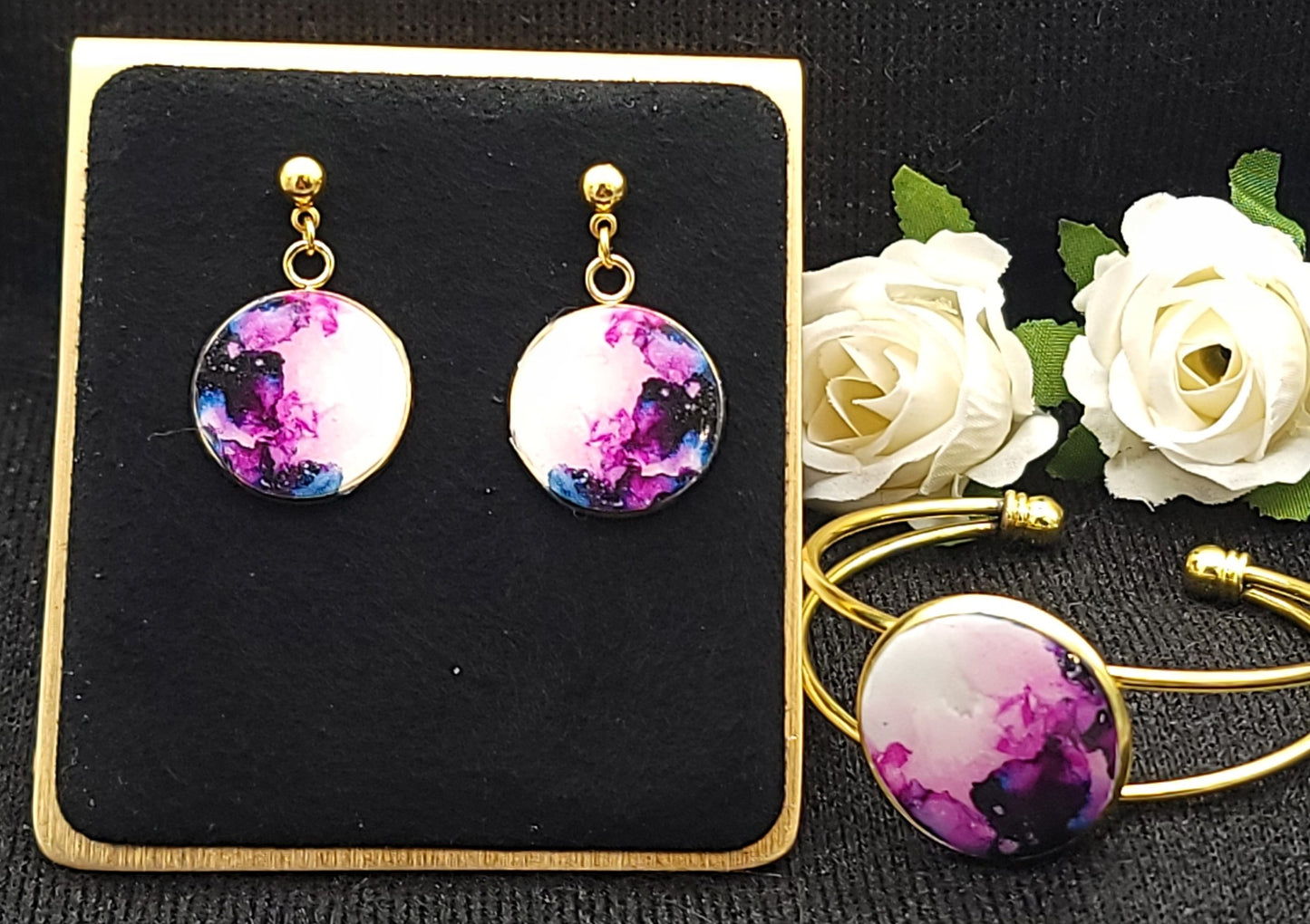 Pink Blue Marble Jewelry Set-Gold