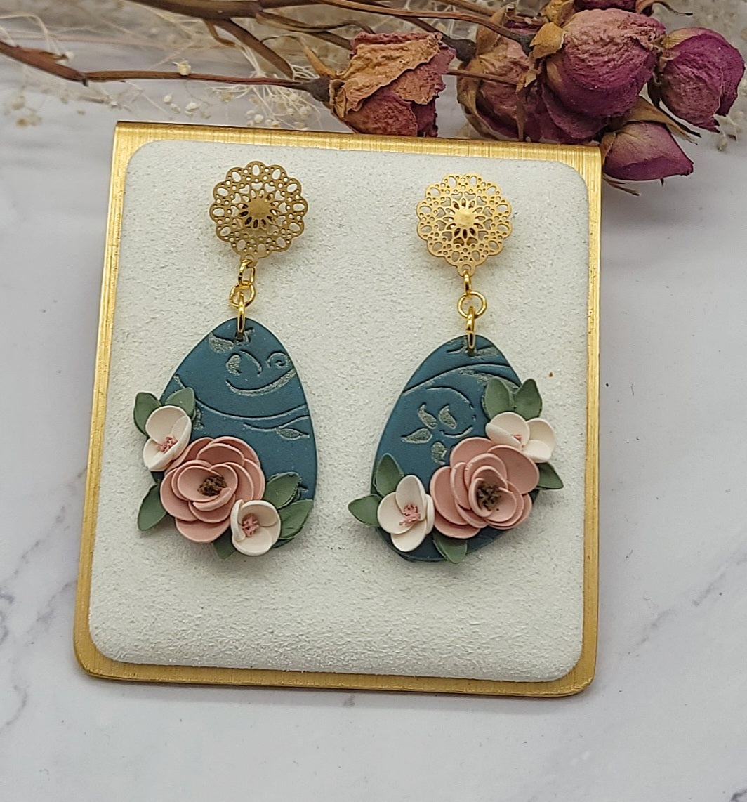 Green Peach floral earrings - D