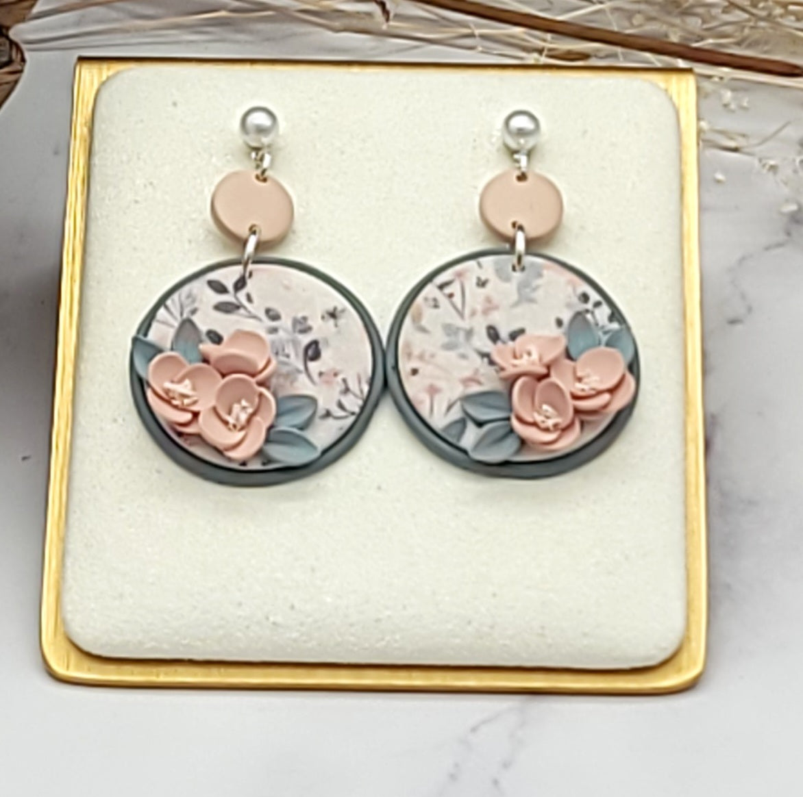 Peach floral earrings-B
