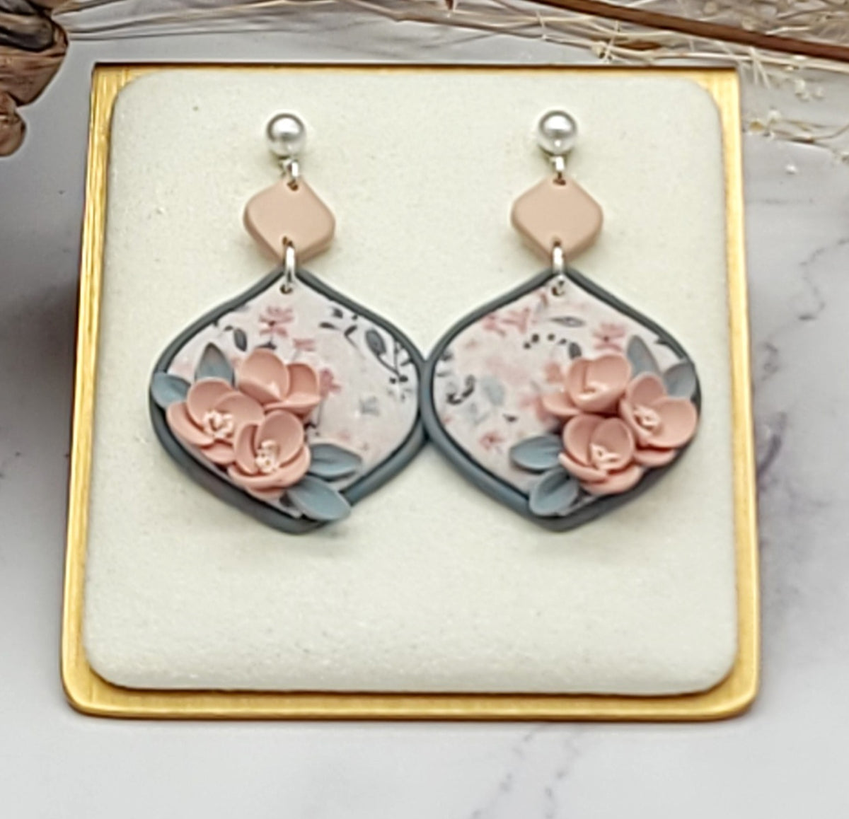 Peach floral earrings-C
