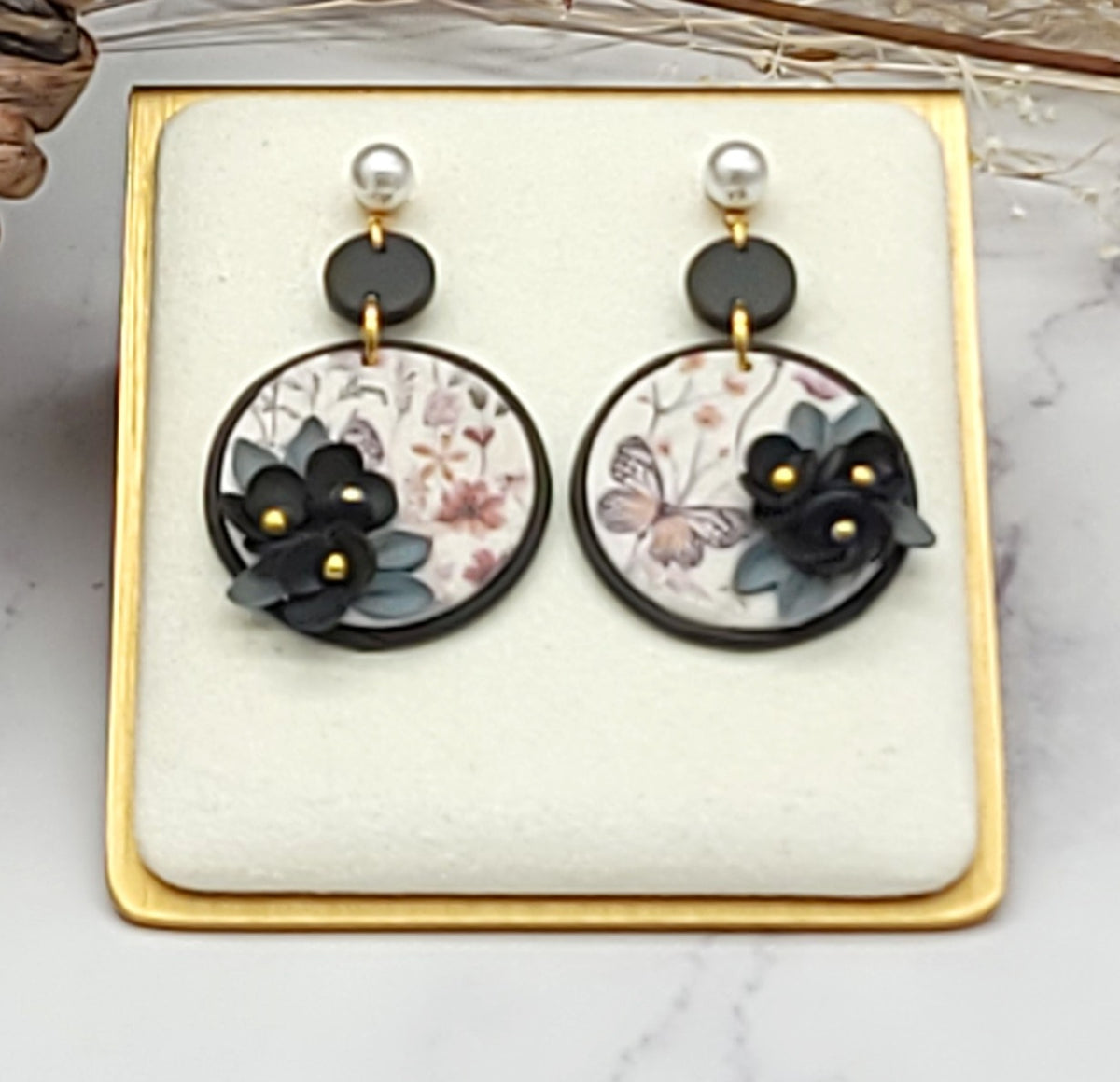 Black floral earrings-E