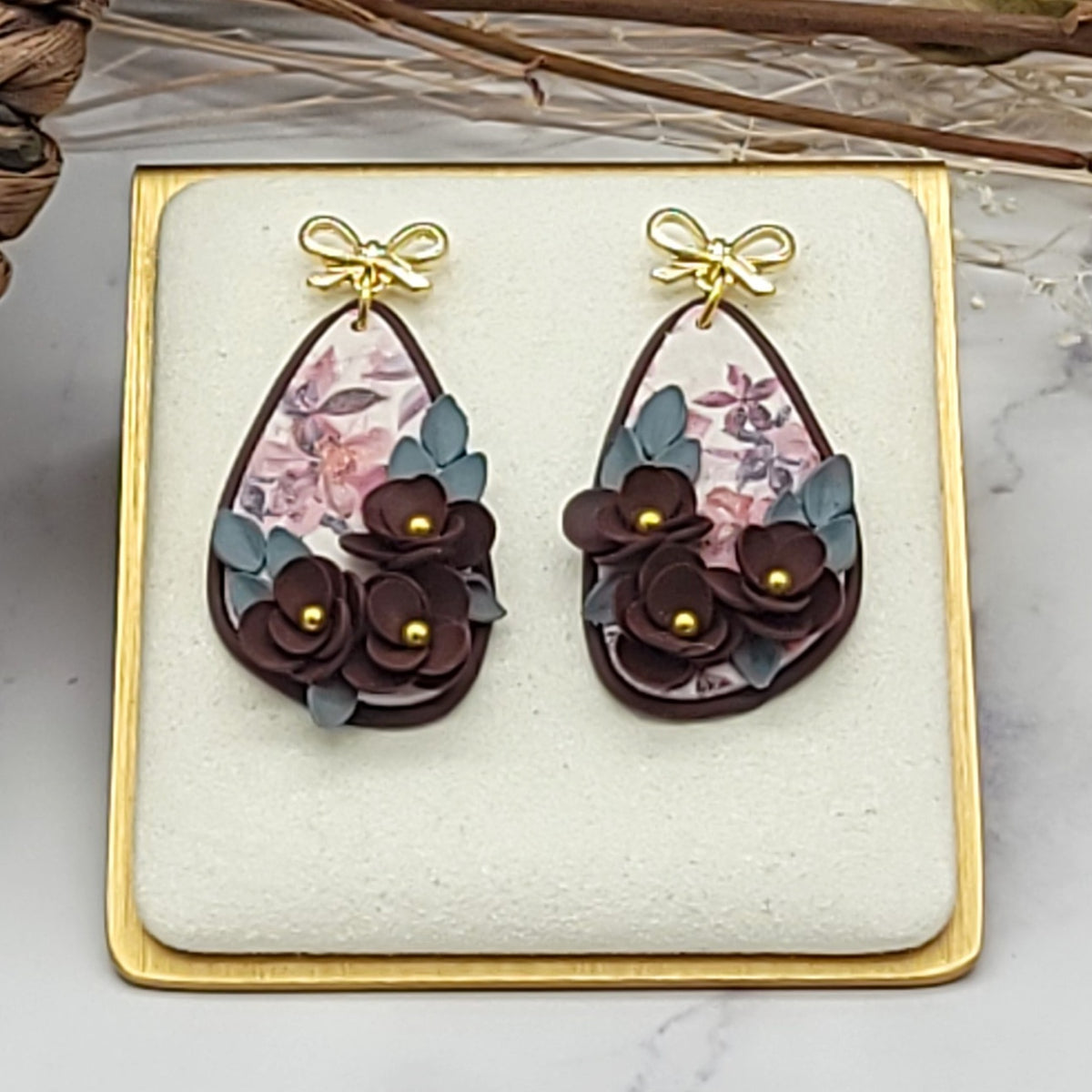 Burgundy floral earrings-A