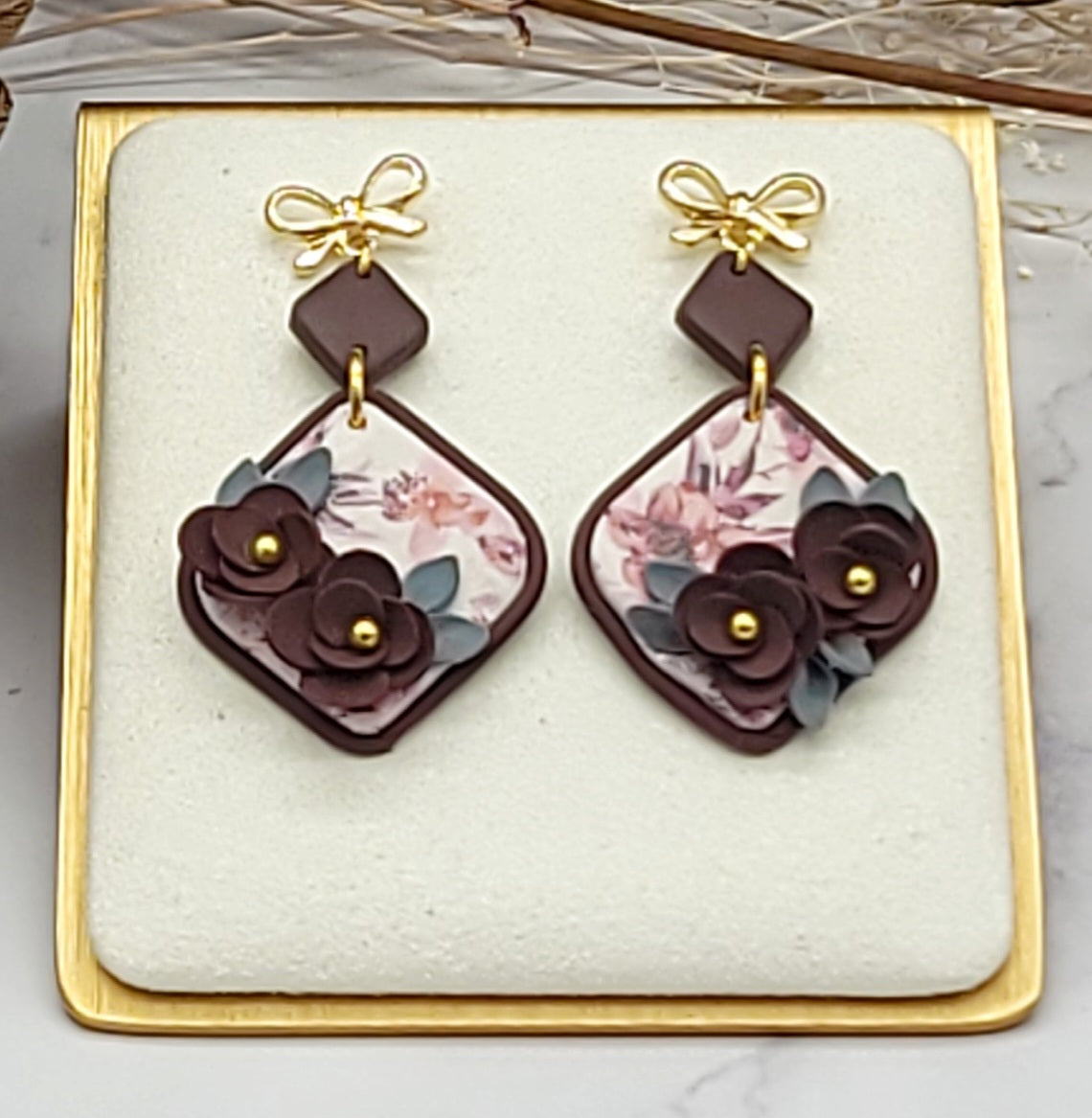 Burgundy floral earrings-E