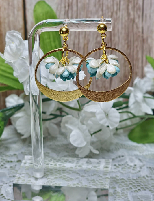 Gold | Teal and White Floral Dangle Earrings