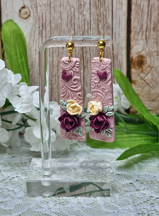 Pink and Burgundy Floral Dangle Earrings - A