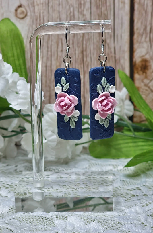Blue Rectangle Floral Dangle Earrings