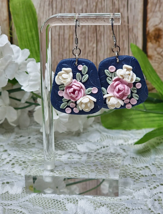 Blue Square Floral Dangle Earrings