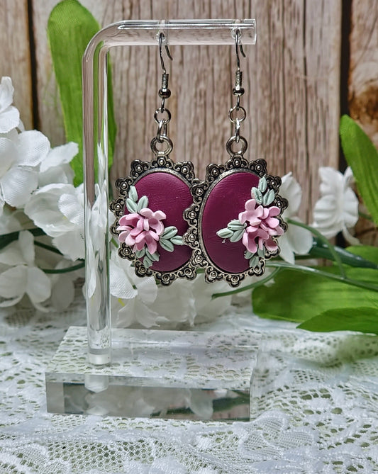 Faux Vintage Silver Burgandy Dangle Earrings