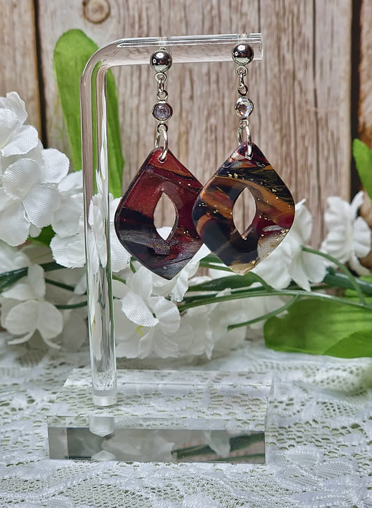 Burgandy and Silver Marbled Earrings - C