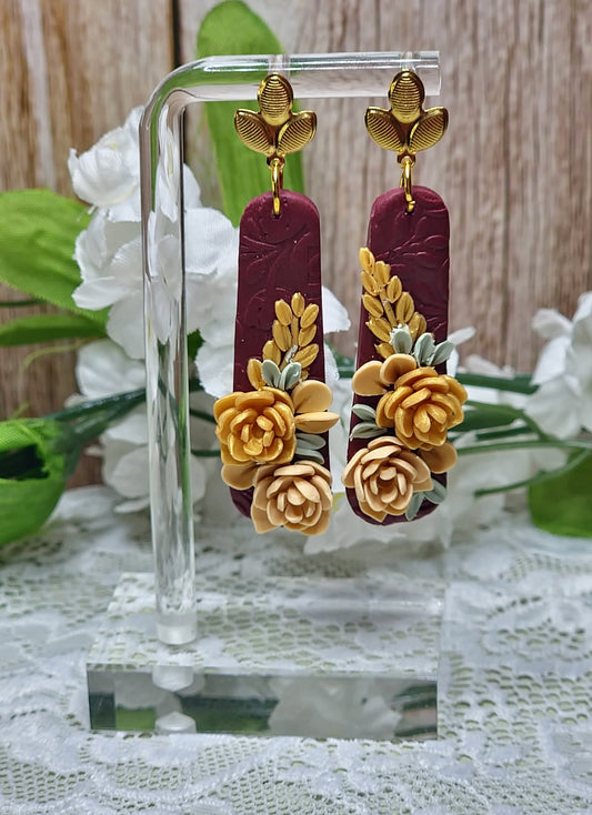 Burgundy and Gold Floral Dangle Earrings - B