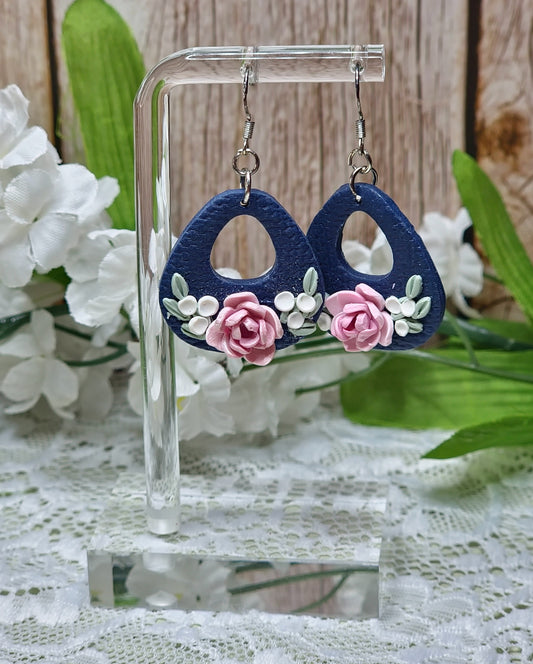 Blue Triangle Floral Dangle Earrings