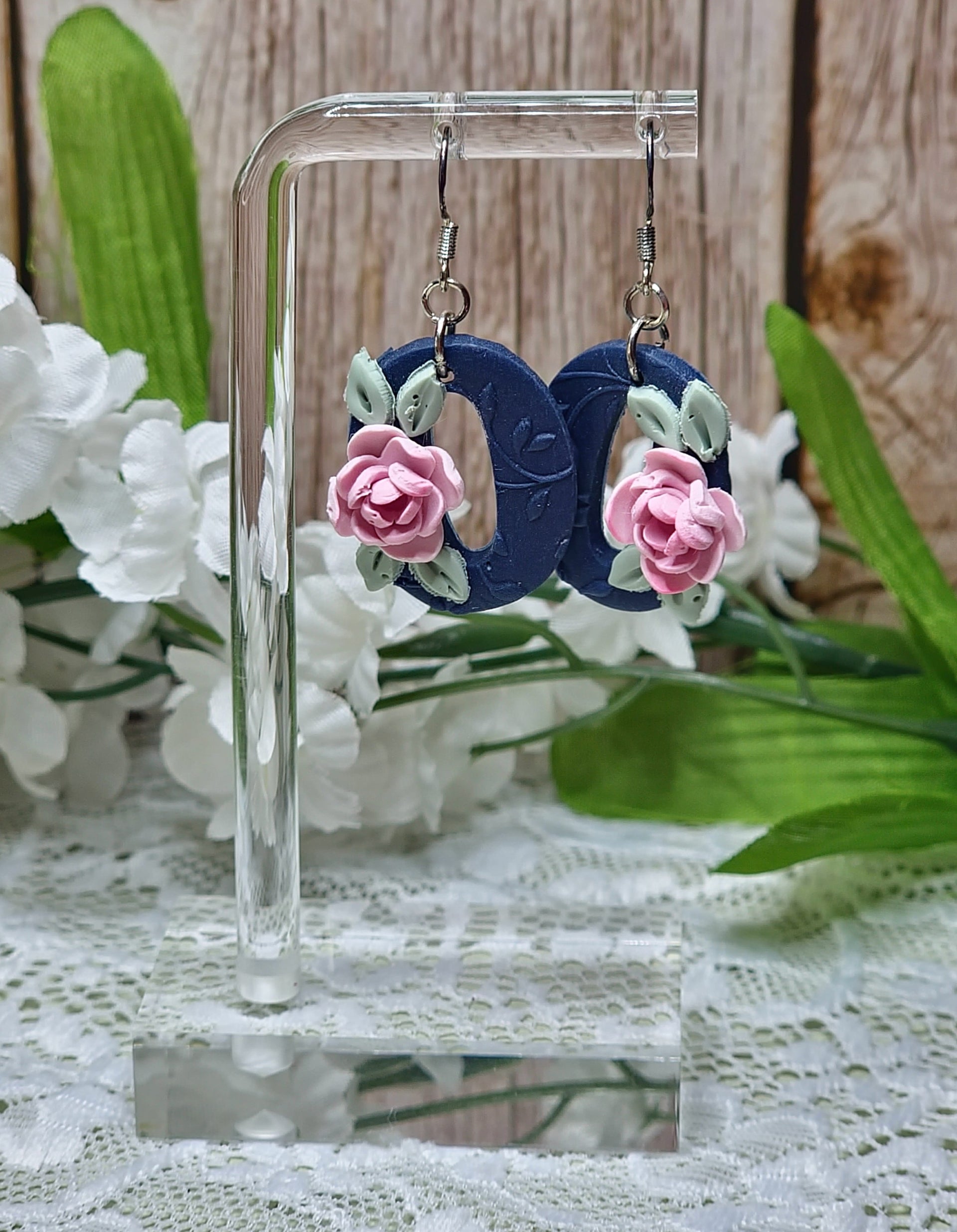 Blue Oval Floral Dangle Earrings