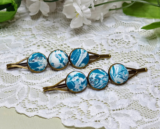 Teal Marble Bobby Pins