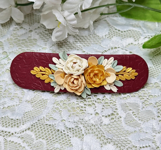Burgandy Gold Floral Barrette -B