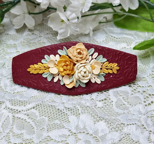 Burgandy Gold Floral Barrette -A