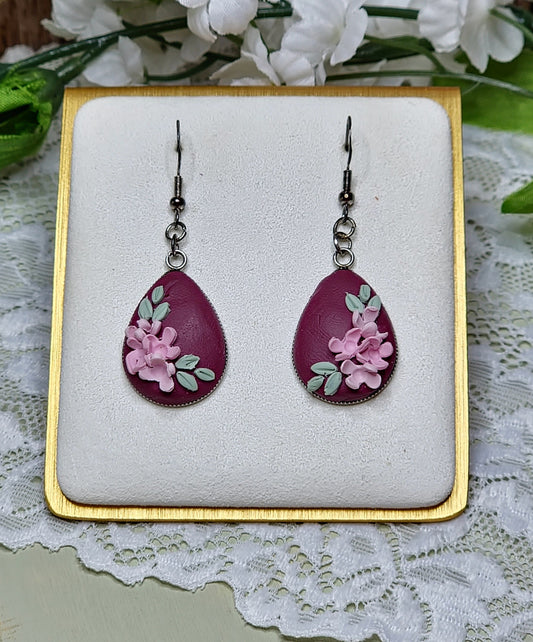 Burgandy Tear Drop Dangle Earrings