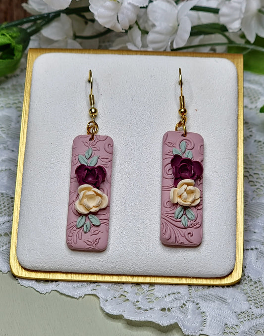 Pink and Burgundy Floral Dangle Earrings - B
