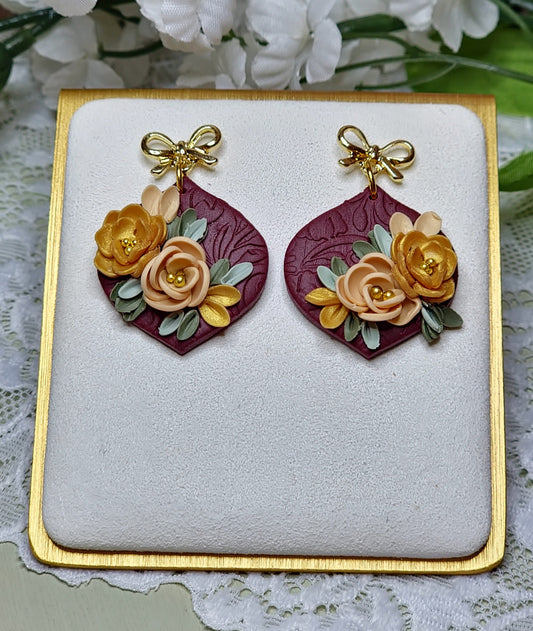 Burgundy and Gold Floral Dangle Earrings - A