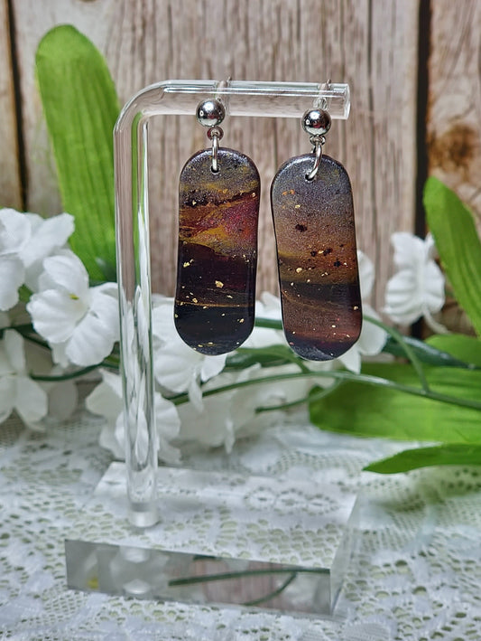 Burgandy and Silver Marbled Earrings - A