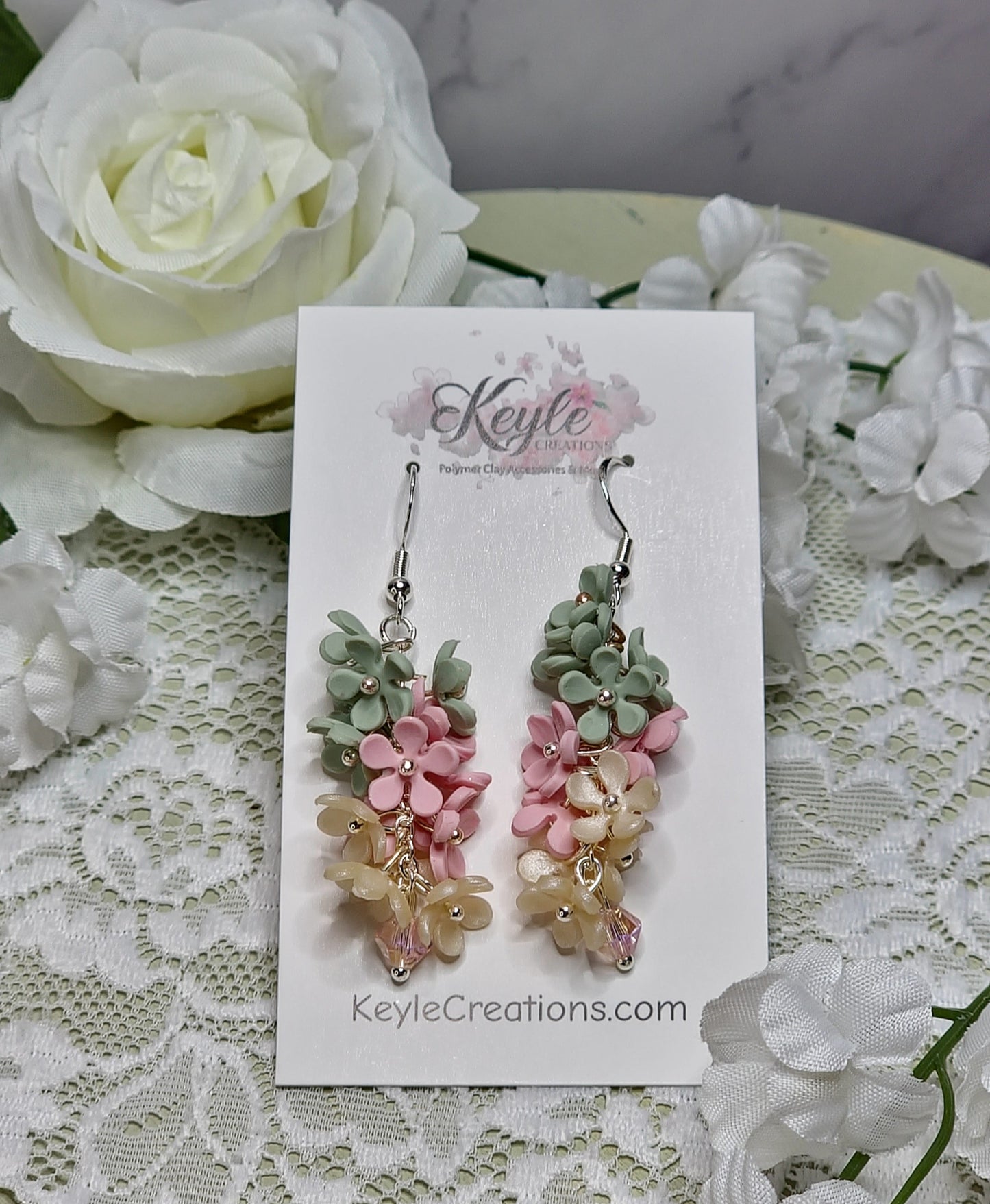 Sage Green Pink Cluster Dangle earrings
