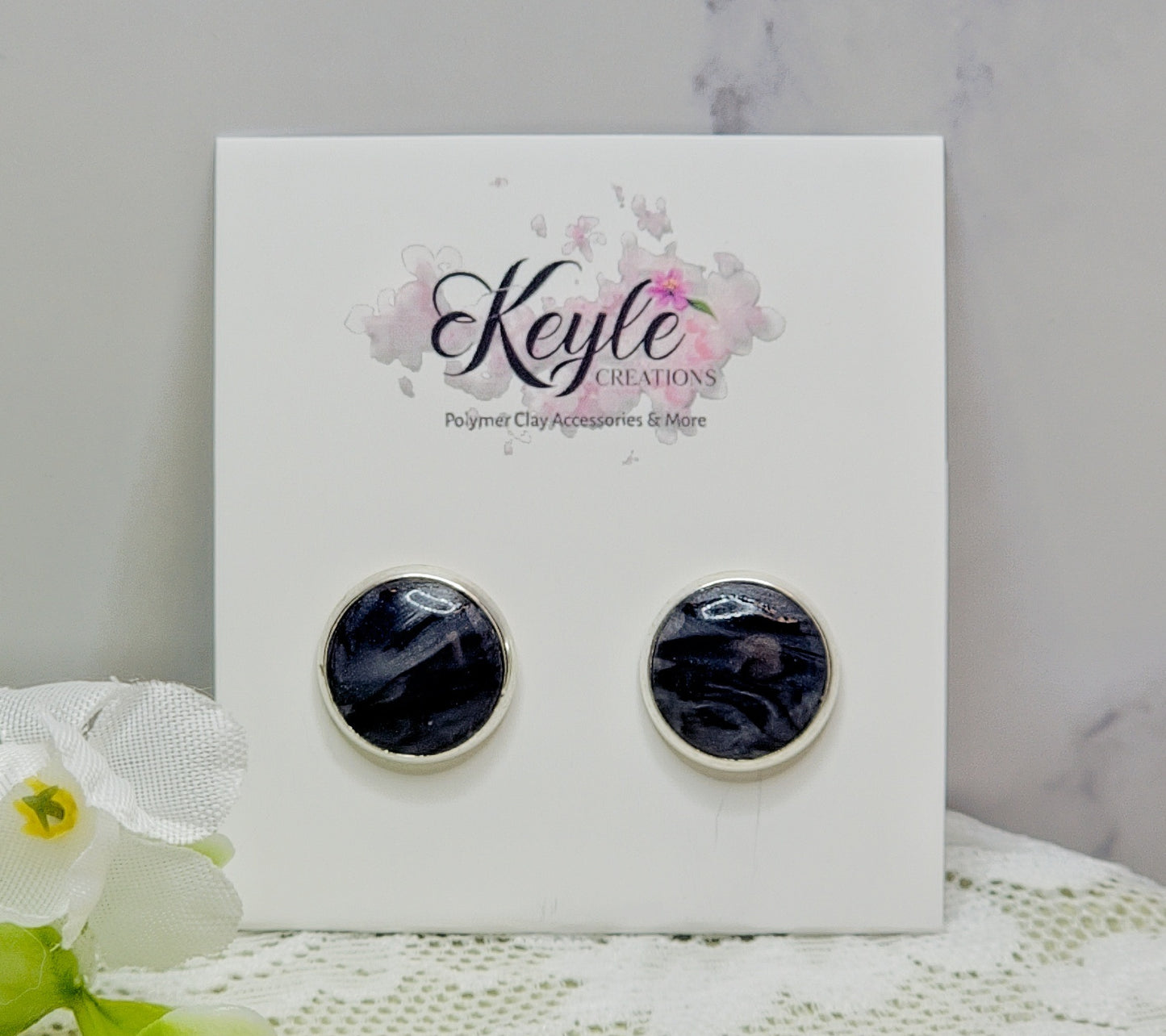 Black Marbled Stud Earrings
