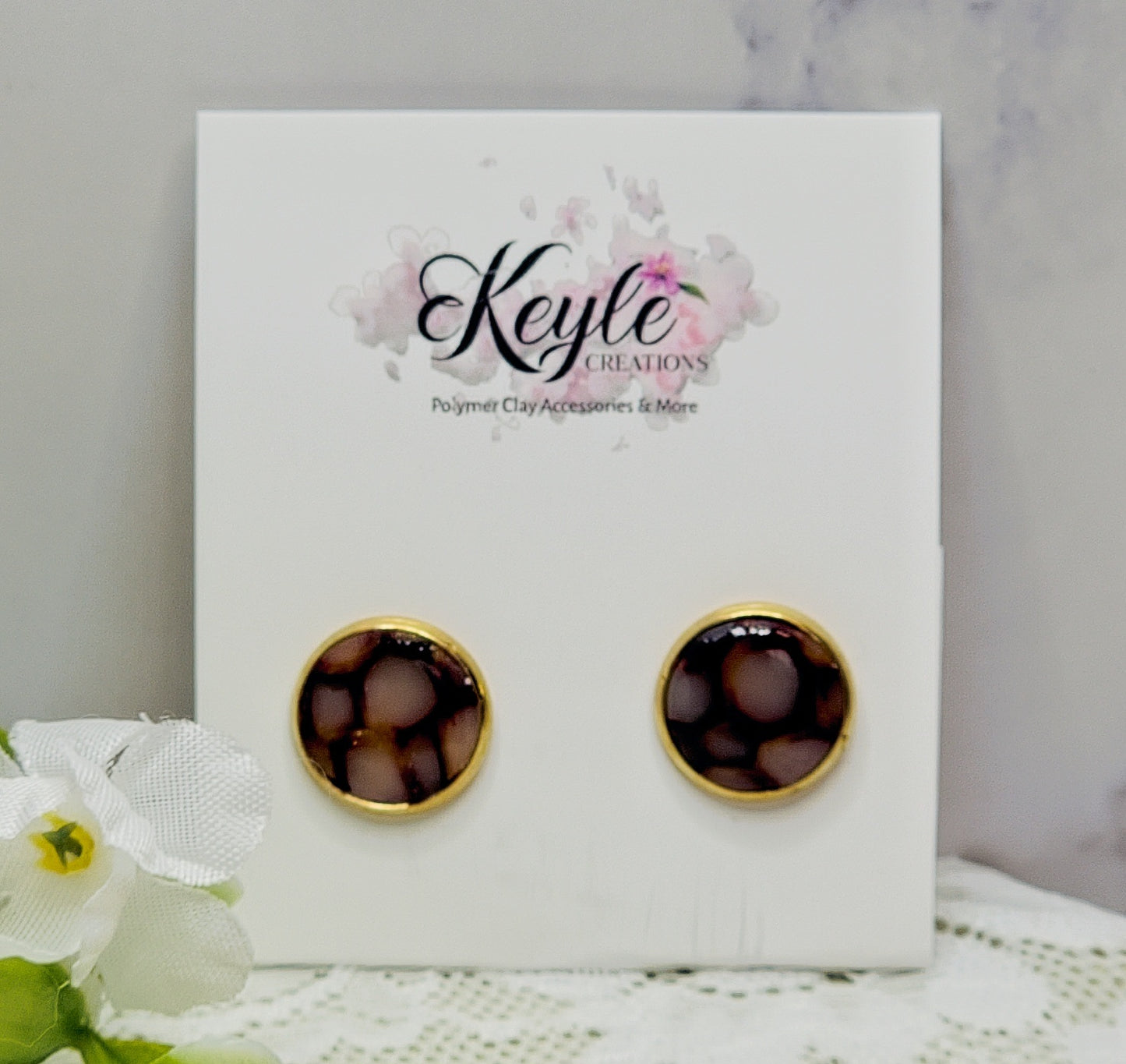 Burgundy Marbled Stud Earrings-A