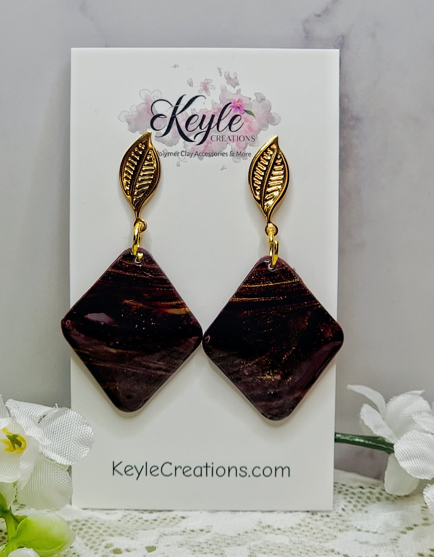 Burgundy Gold Marbled Dangle Earrings-B