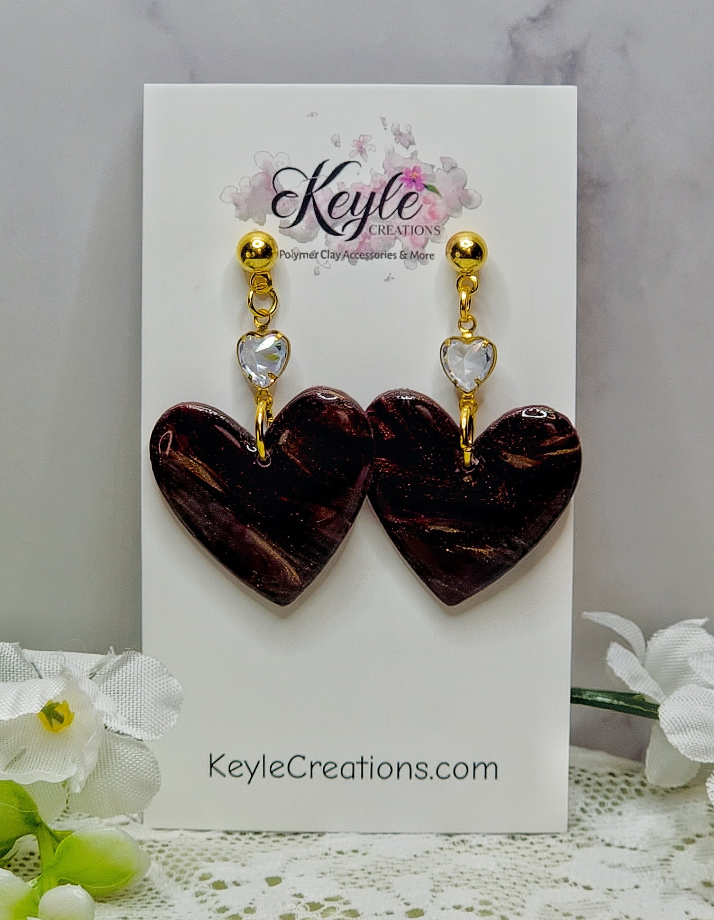 Burgundy Gold Marbled Dangle Earrings-C