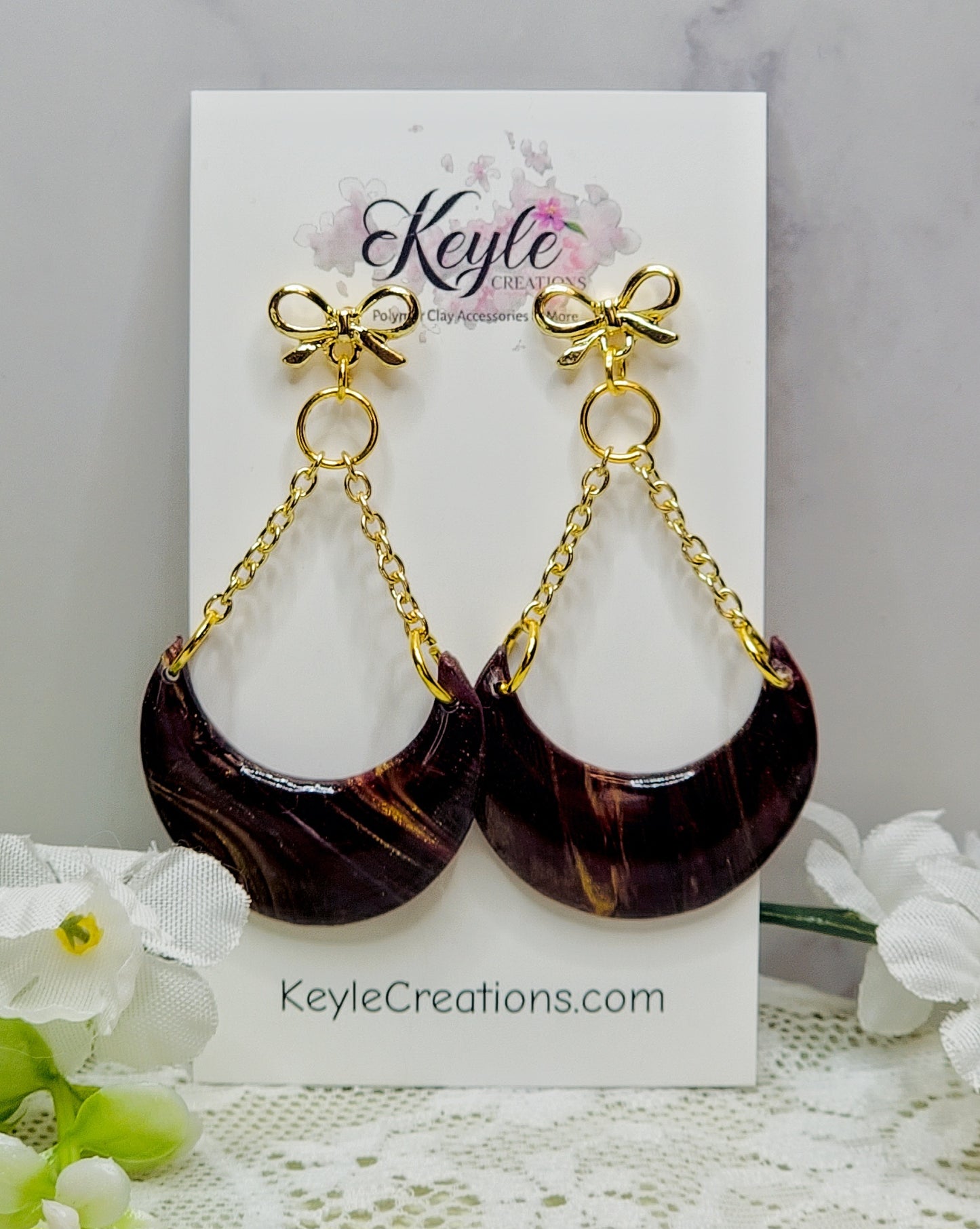 Burgundy Gold Marbled Dangle Earrings-A