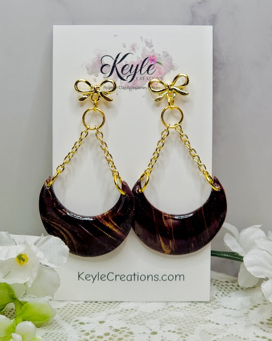 Burgundy Gold Marbled Dangle Earrings-A