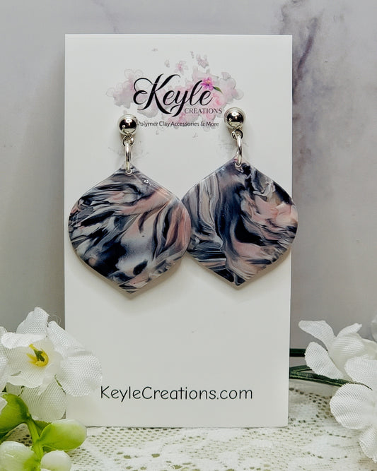 Navy Blue Pink Marbled Dangle Earrings-F