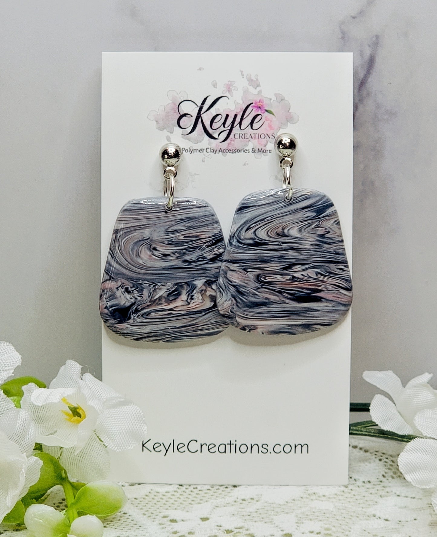 Navy Blue Pink Marbled Dangle Earrings-C