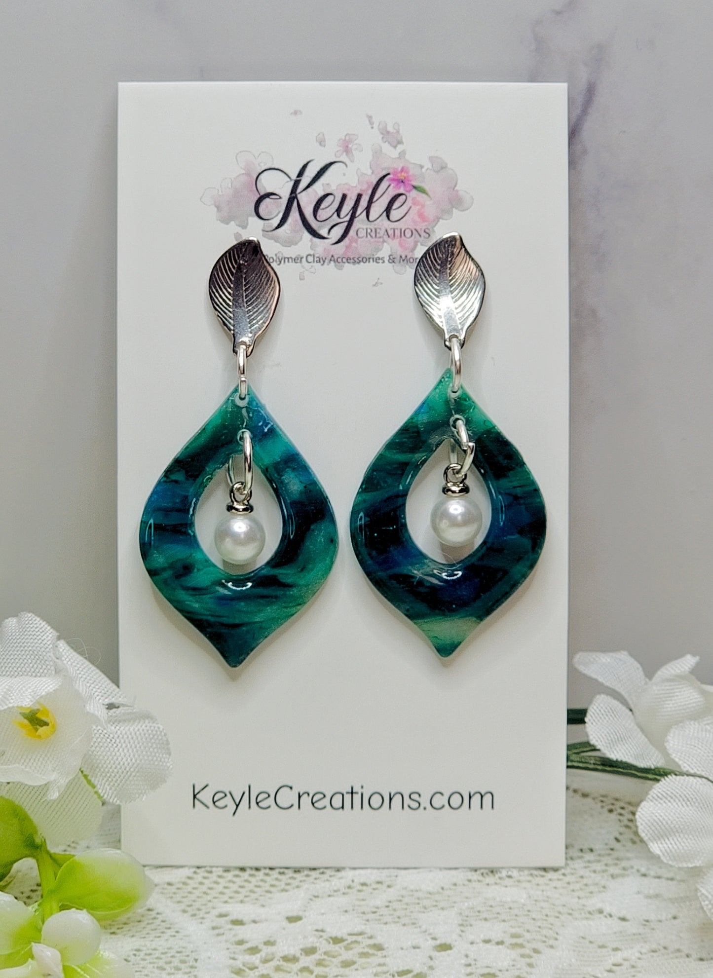 Blue Green Marbled Dangle Earrings-A