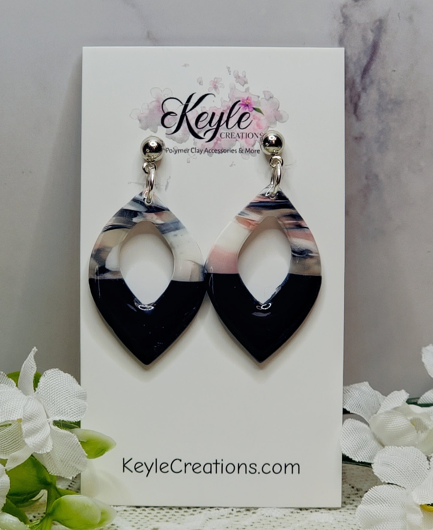 Navy Blue Pink Marbled Dangle Earrings-A