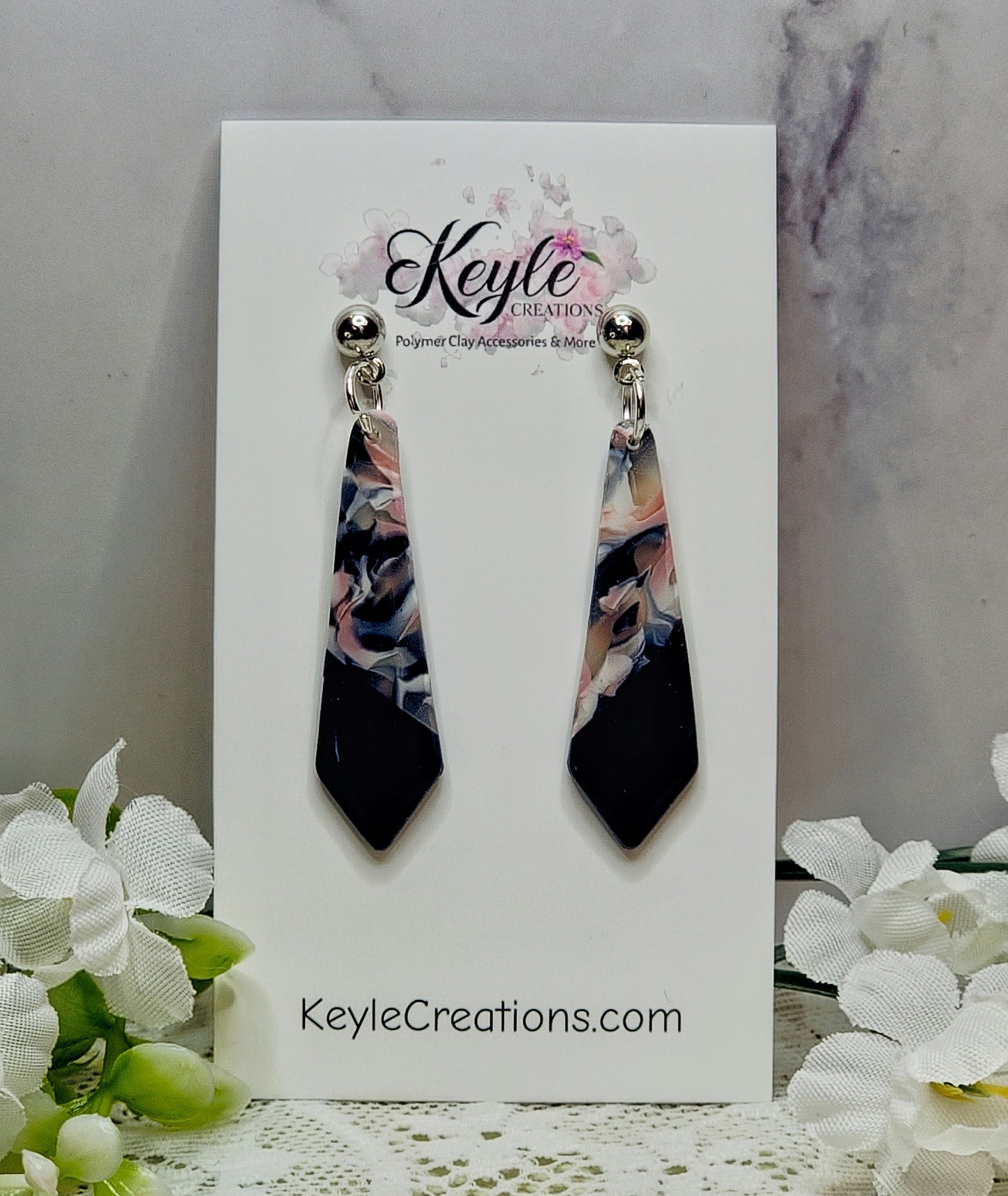 Navy Blue Pink Marbled Dangle Earrings-B