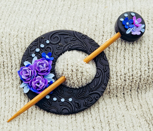 Black with Purple Flowers Shawl Pin