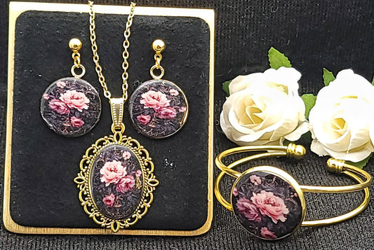 Pink Rose Jewelry Set-Gold