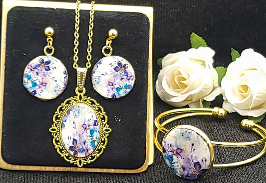 Purple Blue Floral Jewelry Set-Gold