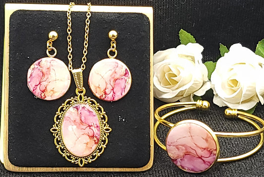 Pink Marble Jewelry Set-Gold